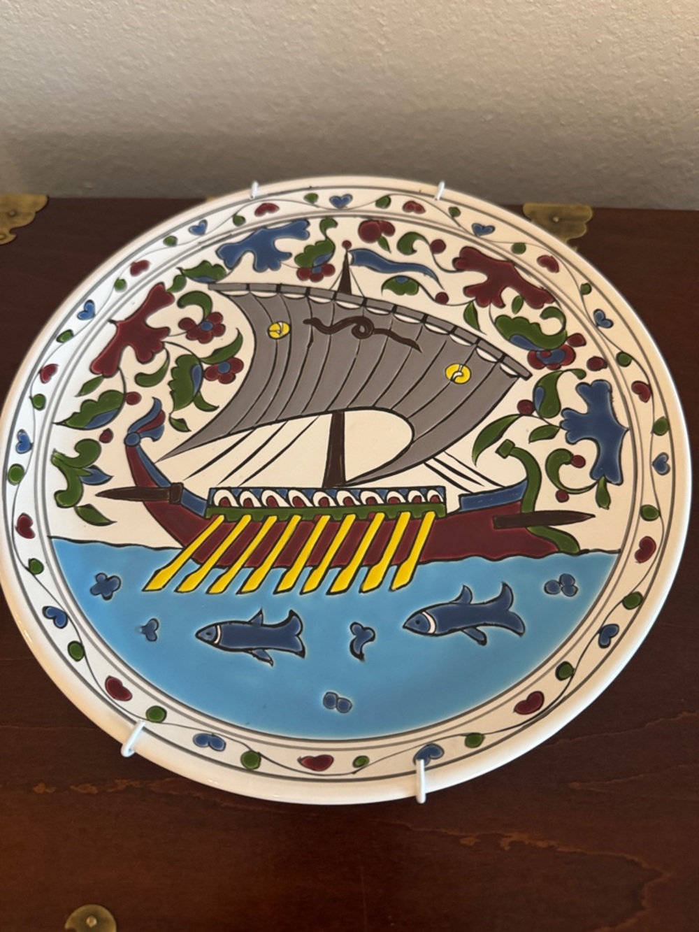 Vintage Michael Dakas Handmade Mediterranean Ship Ceramic Plate Rhodes Greece